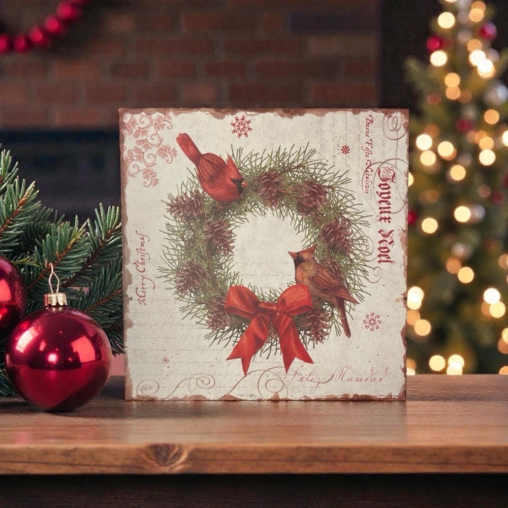 Vintage Postcard Style Cardinal Christmas Wall Art Holiday Décor Plaque 12"x12"